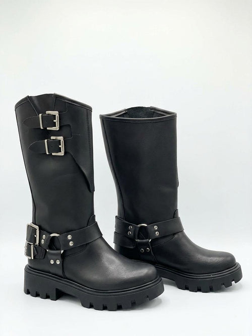 ANFIBIO ARTIGIANALE IN VERA PELLE CON FIBBIE E PLATFORM CARROARMATO -DAFNE-