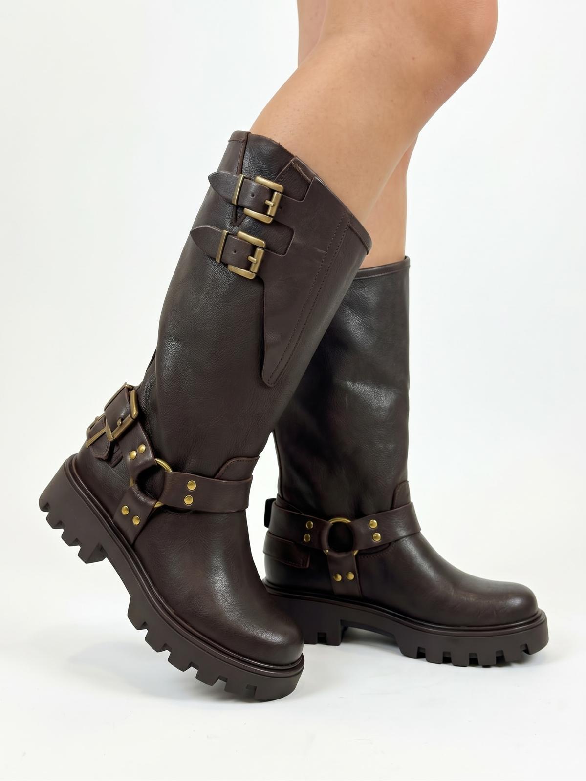 ANFIBIO ARTIGIANALE IN VERA PELLE CON FIBBIE E PLATFORM CARROARMATO -DAFNE-