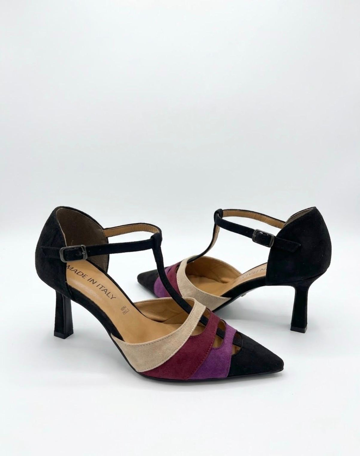 DECOLLETE CON TACCO 7 CM  IN CAMOSCIO E STRISCE MULTICOLOR -MELISSA-